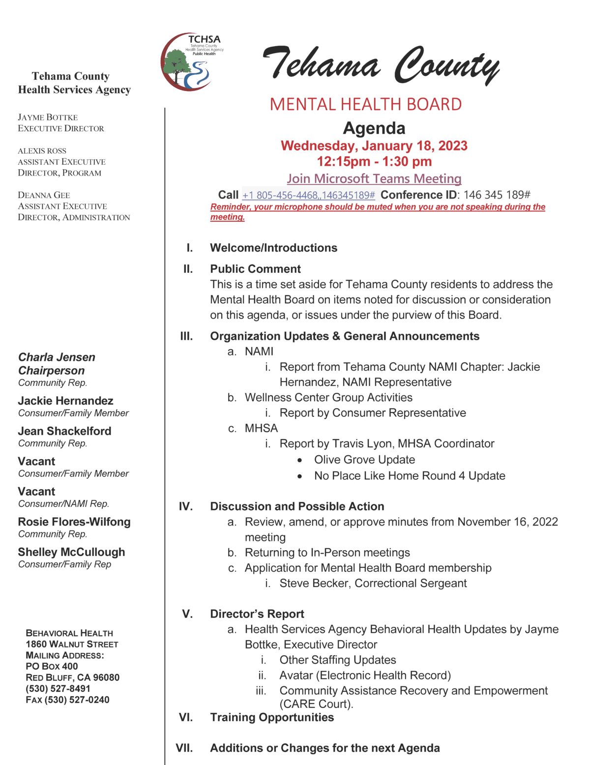 Tehama County Mental Health Board Meeting 1/18/23 Tehama County