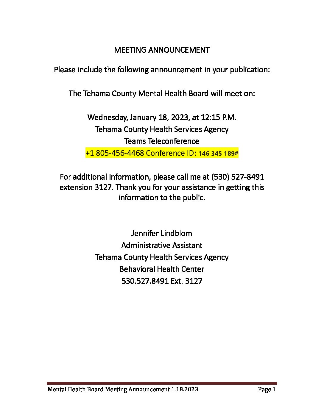 mental Health Board Meeting Announcement – 1-18-23