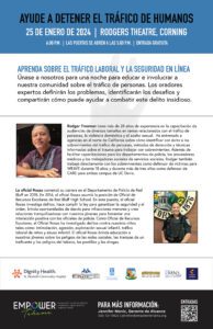 Spanish language flyer about Help Stop Human Trafficking event 1-25-24